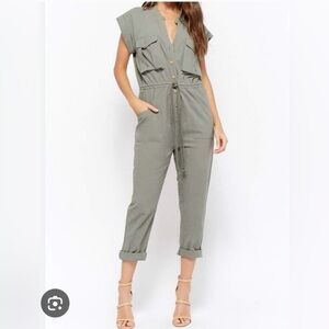 NWT - Blue Blush Sage Green Cotton Drawstring Waist Jumpsuit